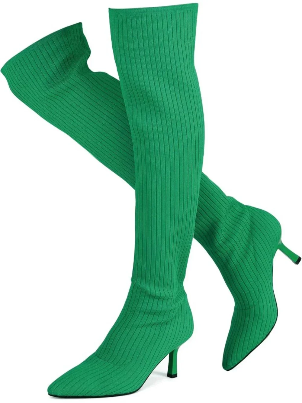 Women's Green Pointed Toe Synthetic High Heel Stretch Over The Knee Knit Boots